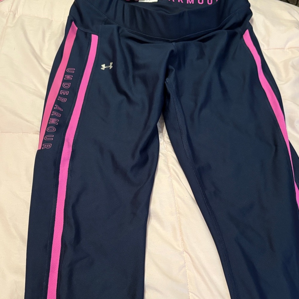 Under Armour Dark Blue Leggings with Pink Stripes